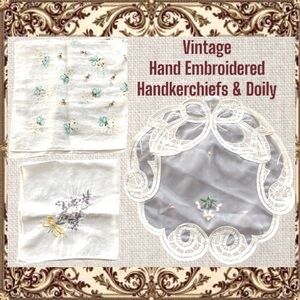 Vintage Handkerchiefs Handcrafted Doily Set Embroidered Floral Cottagecore MCM